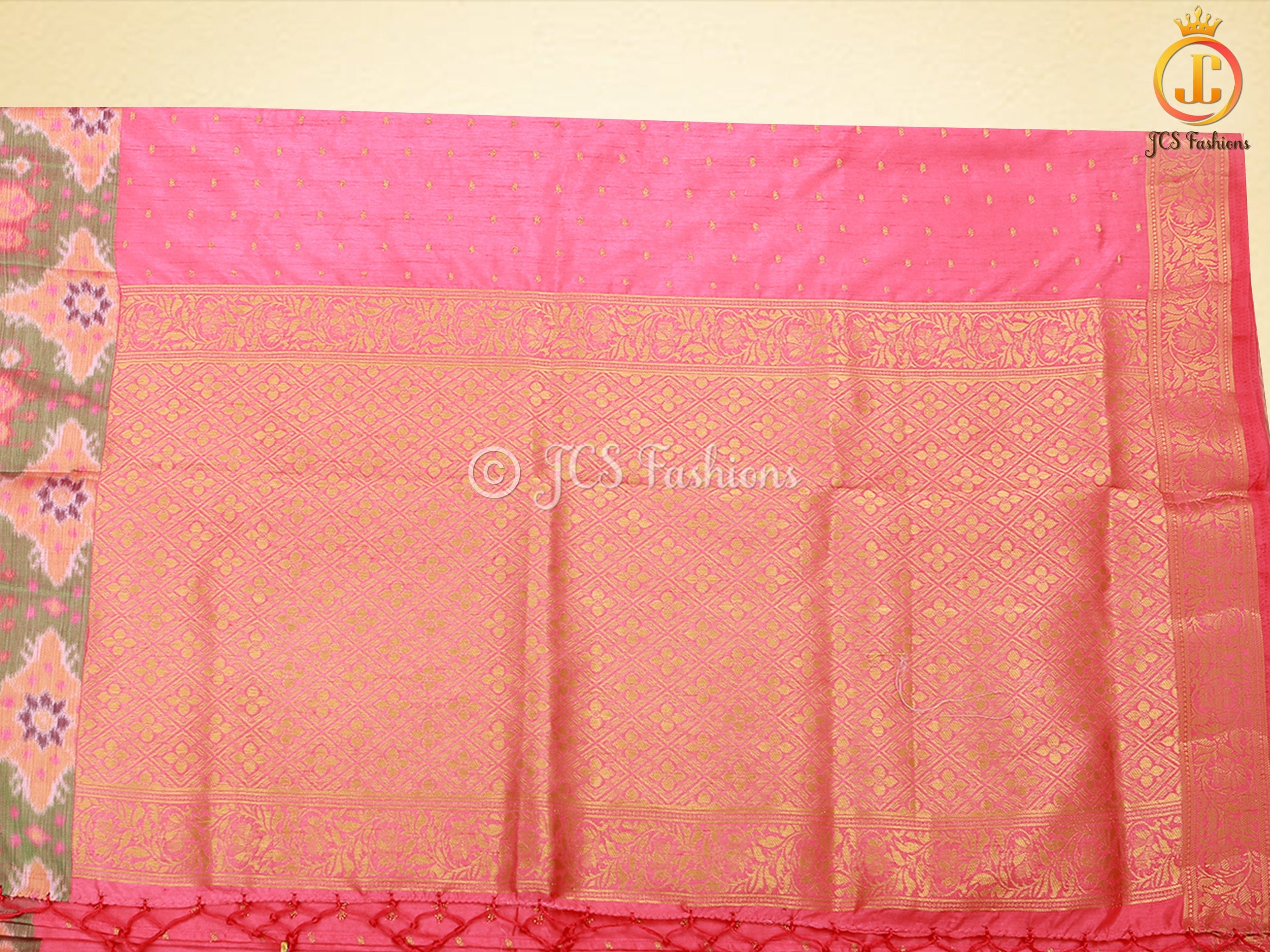 Golden Zari & Pochampally Ikkat Border Semi Silk Saree With Blouse SAREE JCS Fashions