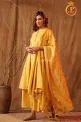Women's Cotton Asymmetrical Kurta Set With Stole and Potli Pants