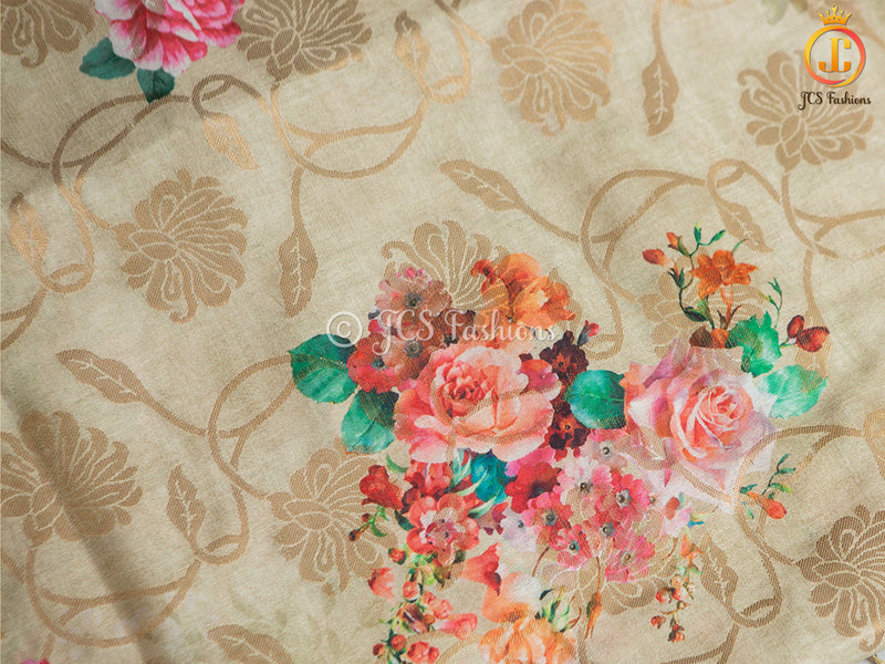 Semi Munga Silk Weaving Saree With floral prints, Fully Stitched blouse