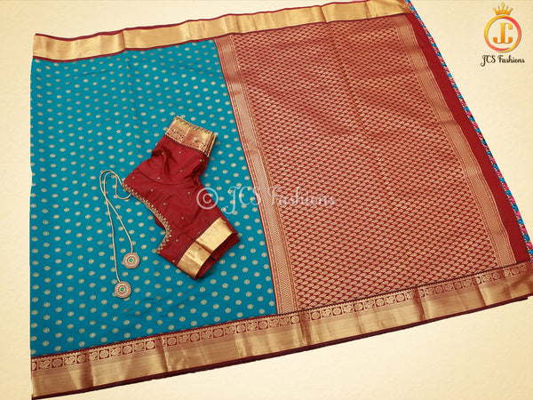 Korvai Semi Silk Saree With Maggam Work Blouse, Blue And Maroon