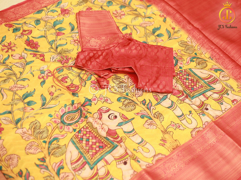 Kanchi Border Kalamkari and Patola Prints Soft Silk Saree