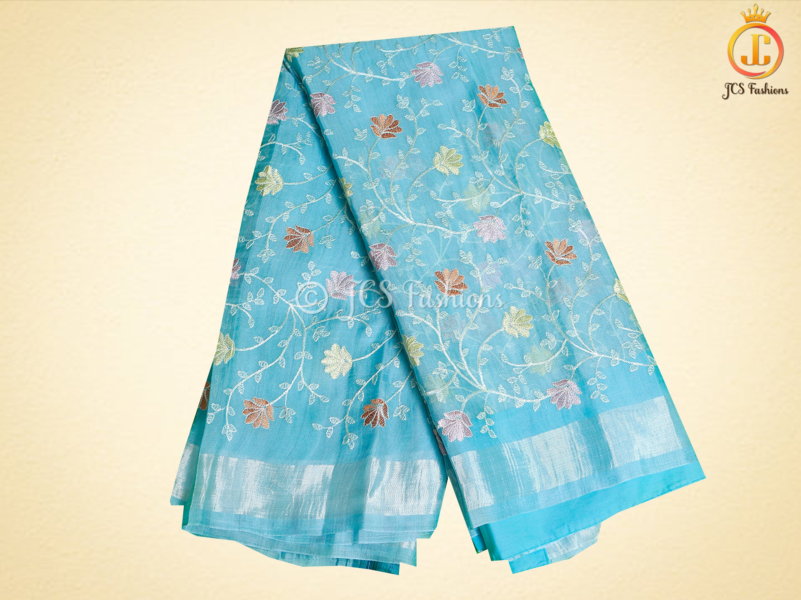 Soft Organza Saree with Allover Multicolor Embroidery Jall Work SAREE JCS Fashions Green 5.5 meters