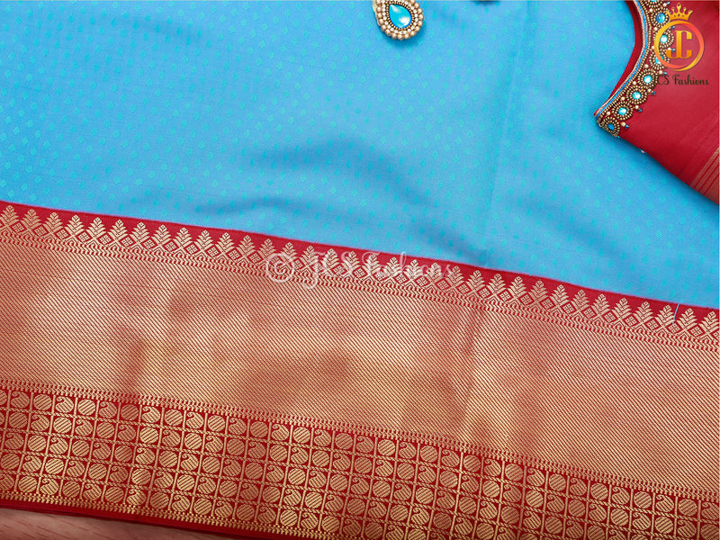 Kanchipuram Blended Silk Saree With Fully Stitched Maggam Work Blouse - Blue