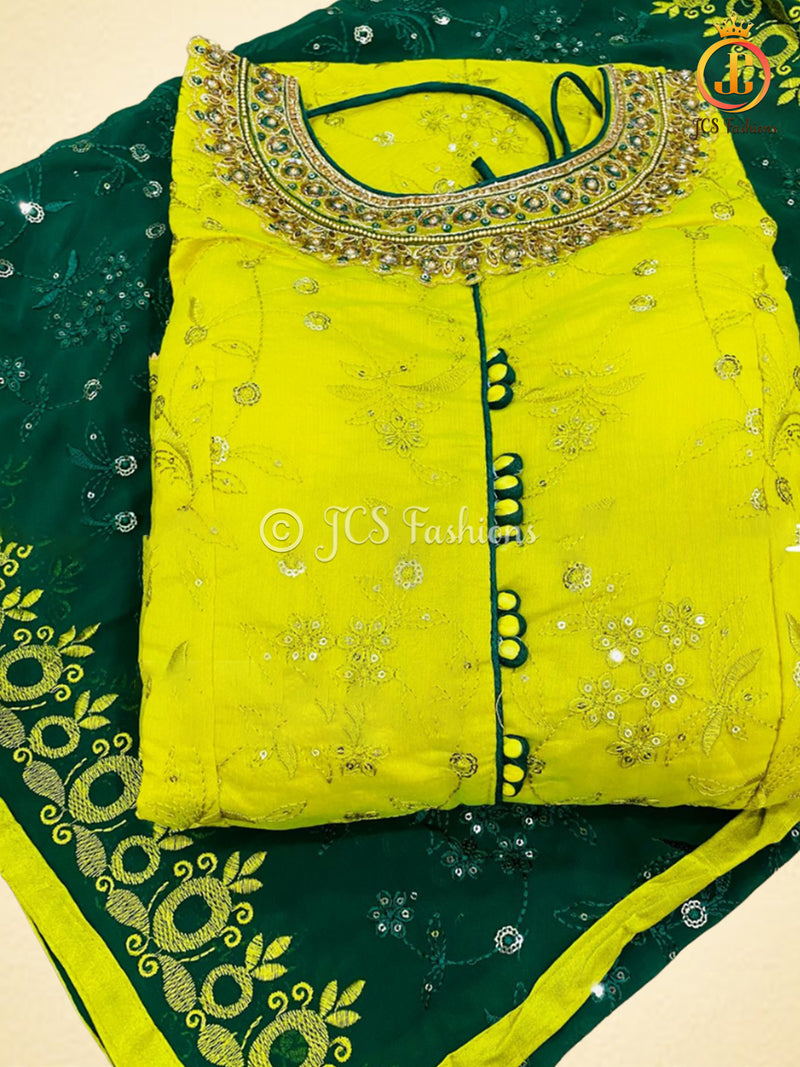 All-Over Embroidery & Sequins Work Long Gown in Greenish Yellow