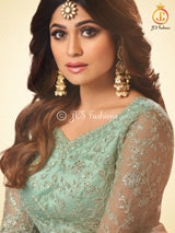 Heavy Embroidery and Sequins work Floor Length Kurti in Green