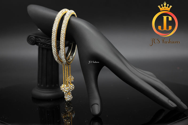 Mild Silver White Colour Stone Bangles With Stone Hanging Balls