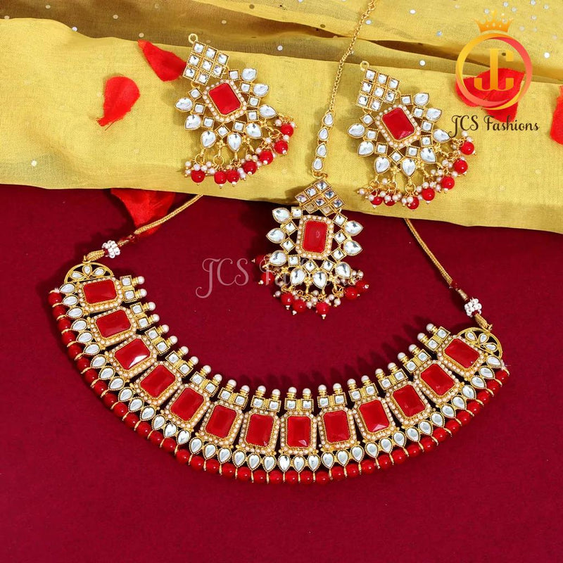 Kundan and immitation pearls Neck Set with earrings and tikka
