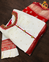 Traditional long gown with banarasi border in Cream and Red KURTI JCS Fashions