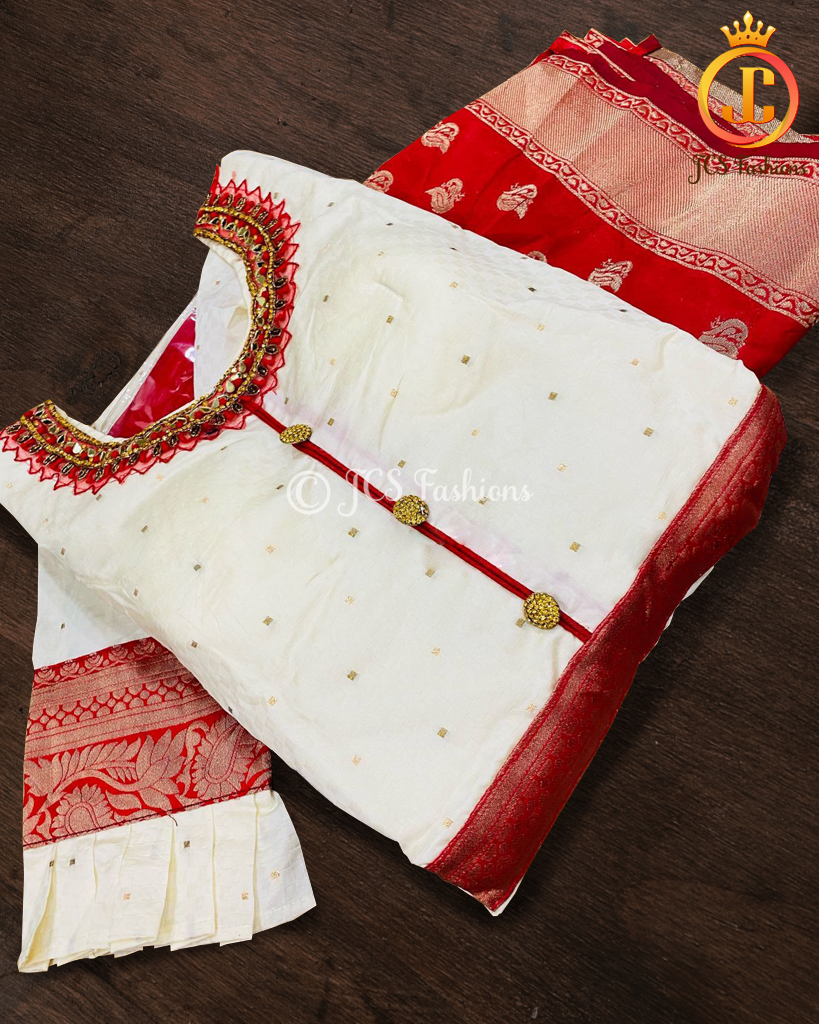 Traditional long gown with banarasi border in Cream and Red KURTI JCS Fashions