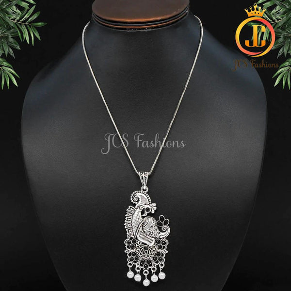 Red Color Peacock Inspired Silver Plated Necklace For Women