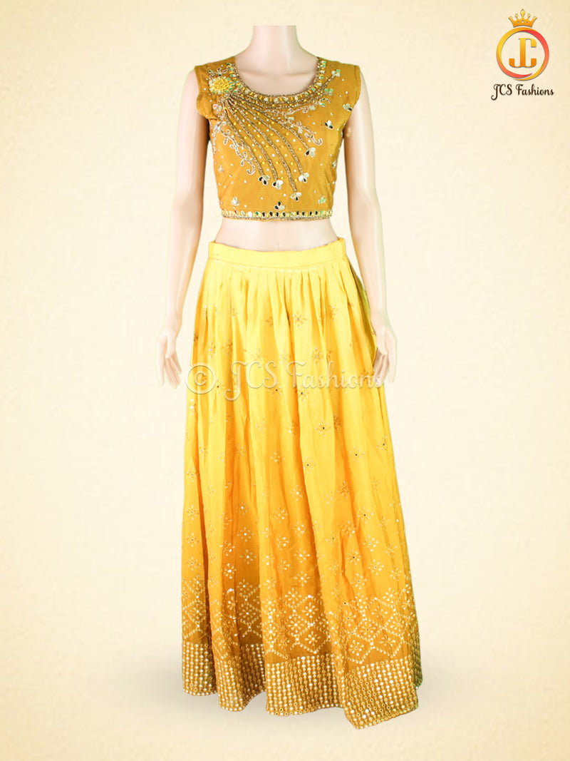 Mirror Work And Crop Top style Silk Lehenga With Net Dupatta