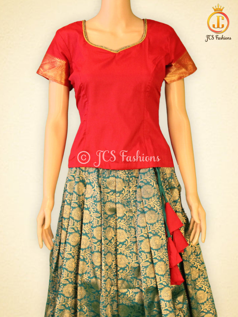 Banarasi Lehenga with Crop Top | Pavadi for Teens | half saree| Bottle Green