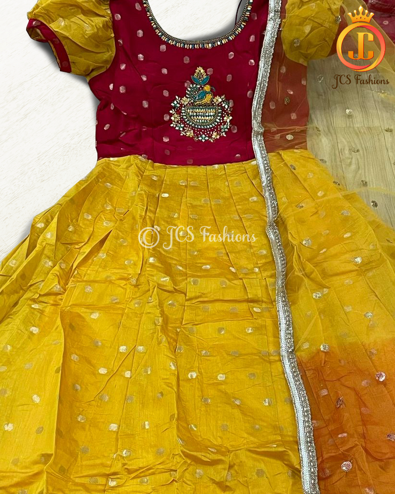 Traditional Long Gown with zari borders in Unique Red and Yellow
