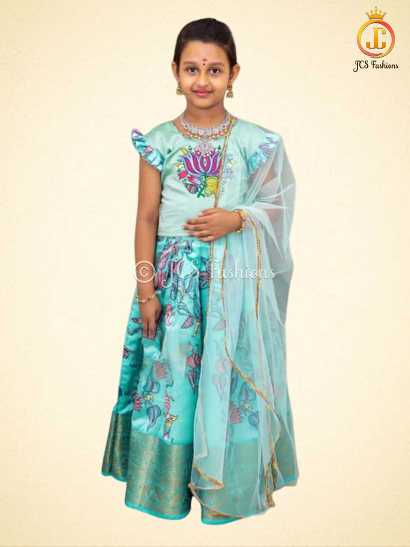 Blue Kalamkari Print Lehenga with Croptop for Kids/Girls