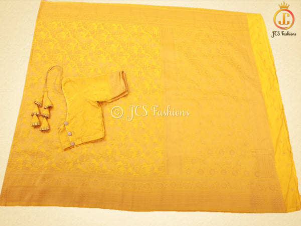 Khadi Georgette Saree With Fully stitched Blouse. Bright Yellow Color