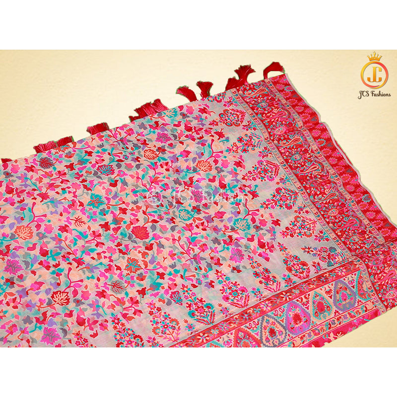 All Over Exquisite Thread Weaving Kani Silk Saree | Beige color fully stitched blouse