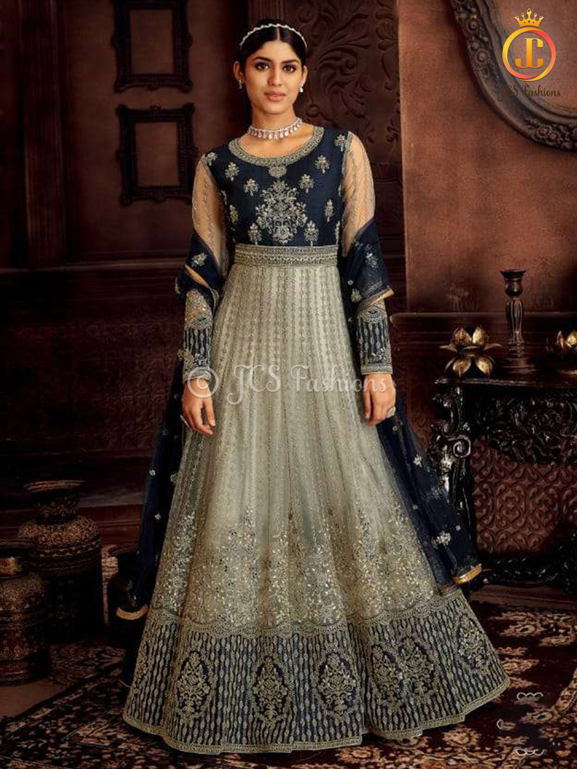 Designer Floor Length Gown in Blue and Grey KURTI JCS Fashions