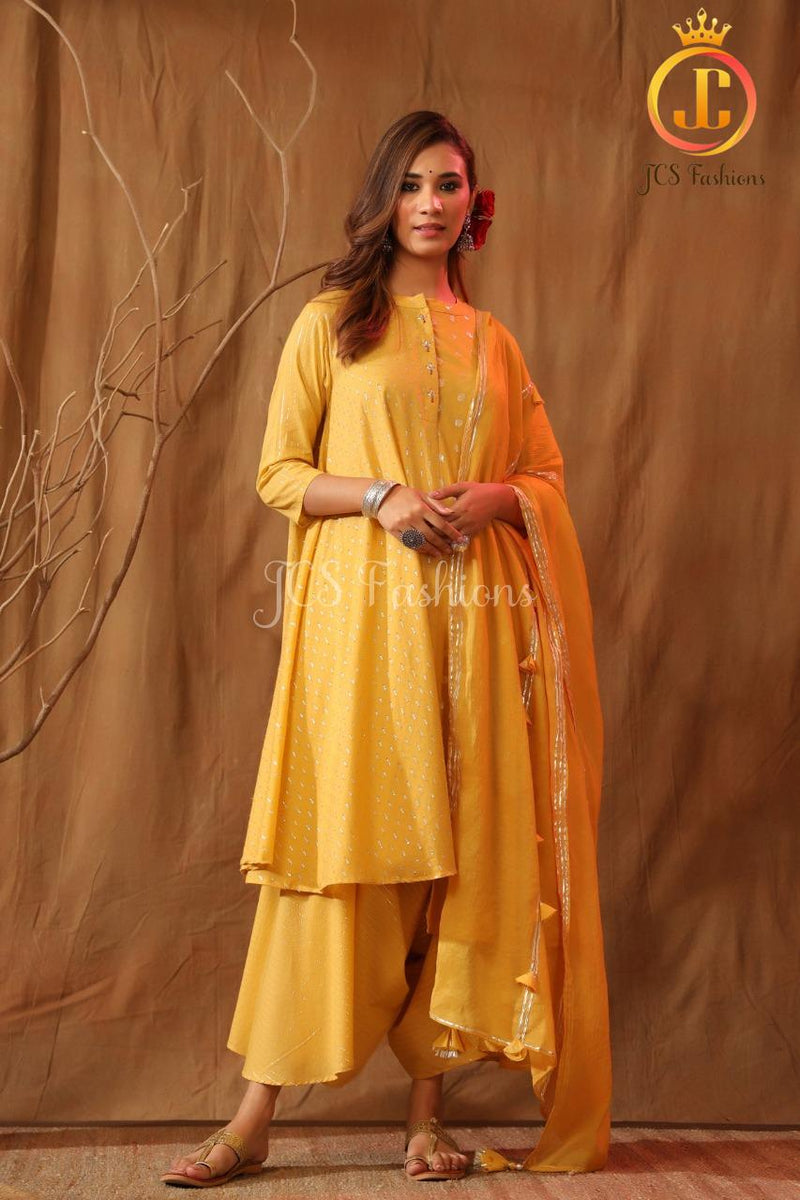 Women's Cotton Asymmetrical Kurta Set With Stole and Potli Pants