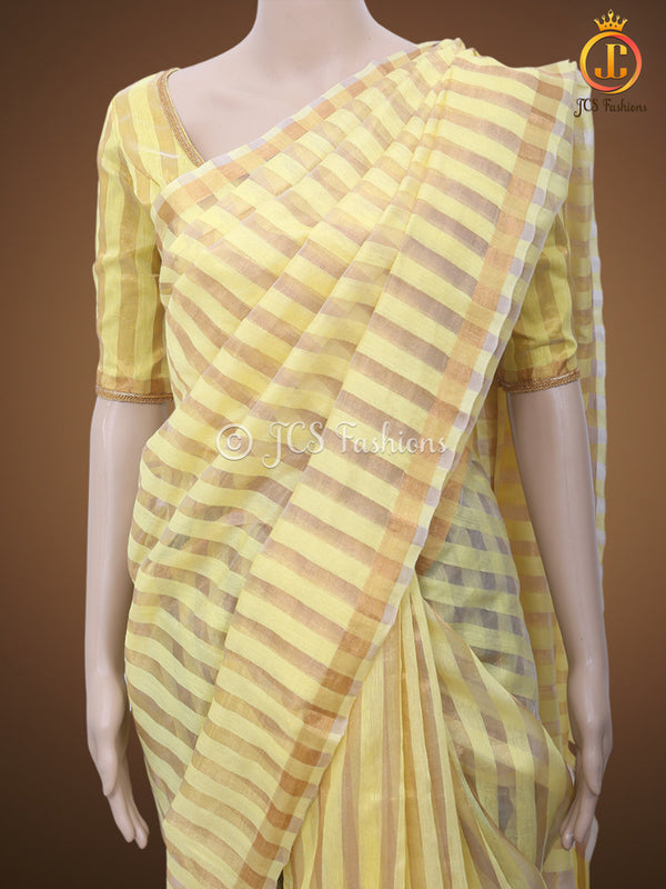 Vertical Zari weaved Lemon Yellow Tissue Linen Saree With Blouse