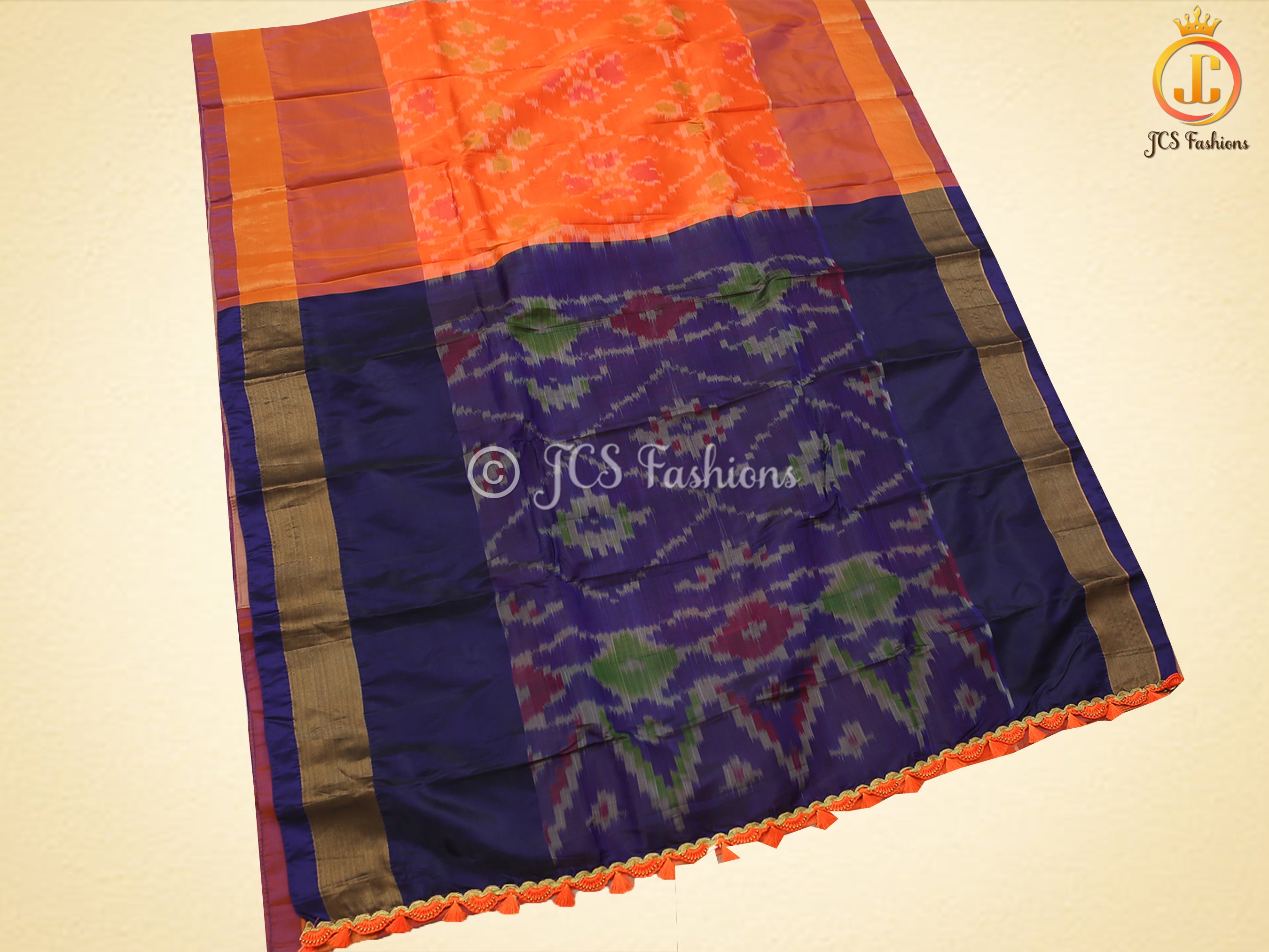 Soft Silk Pochampalli ikkat Saree With Contrast Pallu And Contrast Blouse SAREE JCS Fashions Fanta Orange 5.5 meters