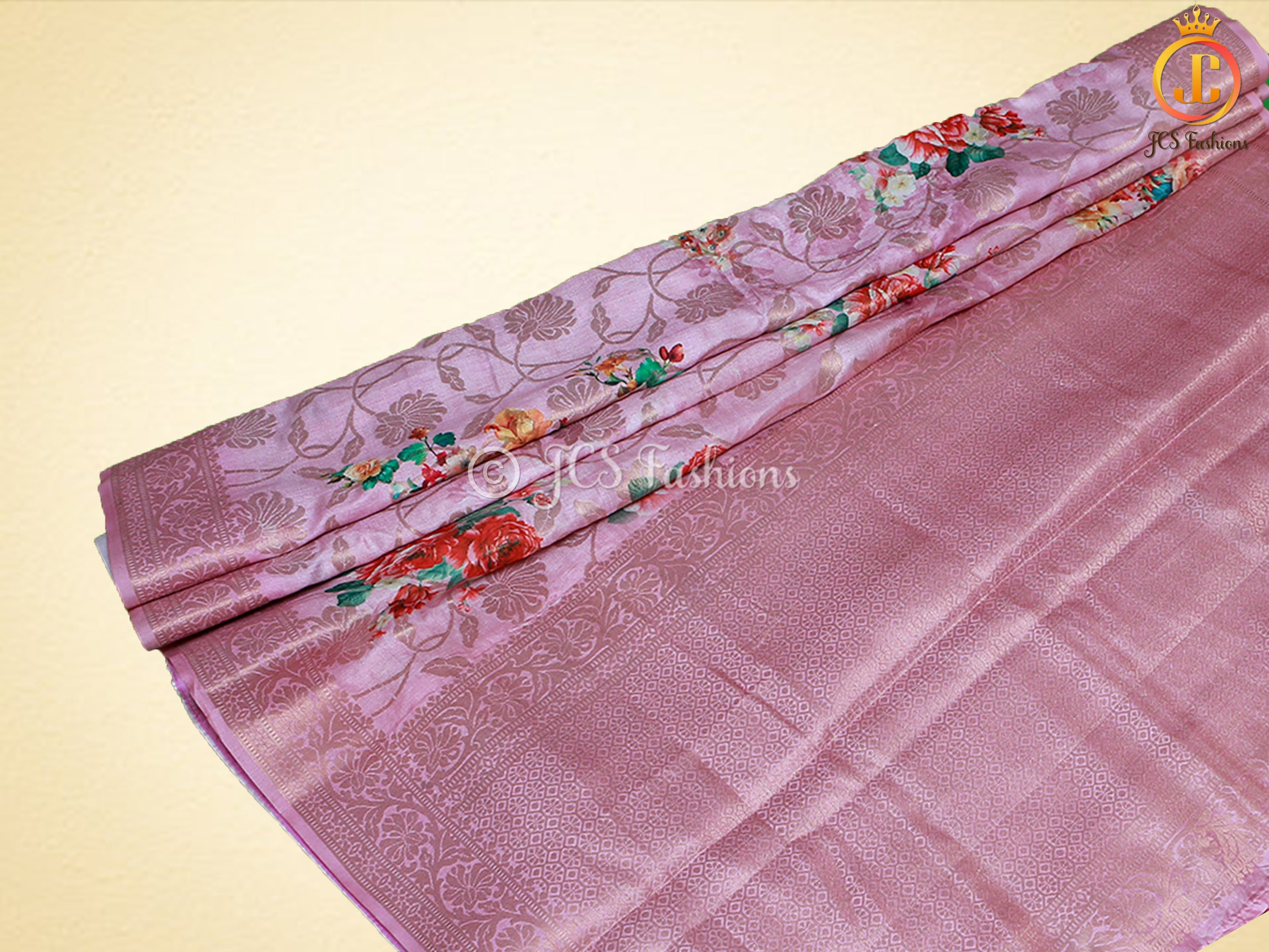 Semi Munga silk saree with digital print and weaving design. Grand pallu. SAREE JCS Fashions