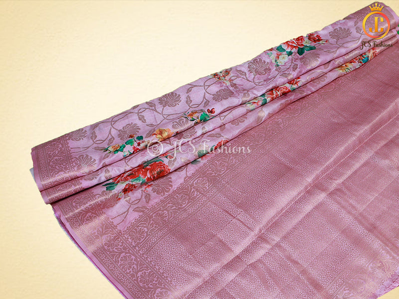 Semi Munga silk saree with digital print and weaving design. Grand pallu.
