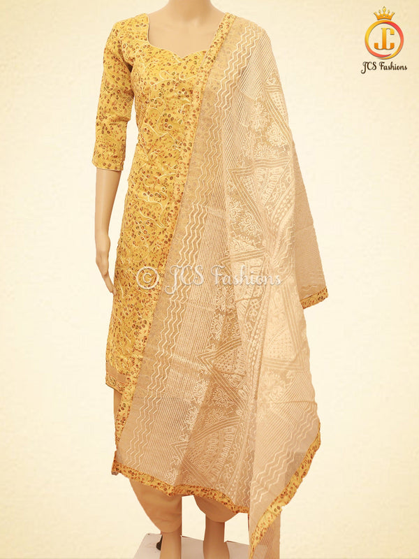 Salwar Set With Silk Cotton Top, Jute silk dupatta And Cotton Bottom, Size: 40