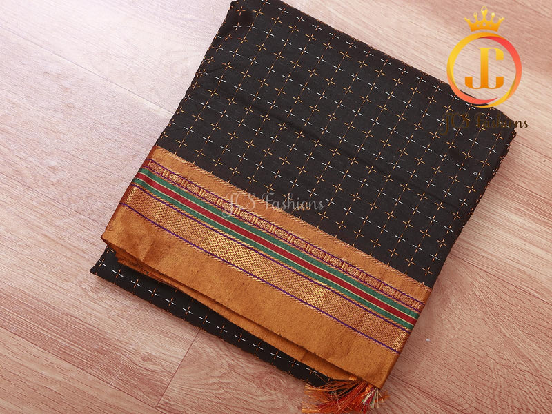 Ilkal Saree - Black Mercerized Soft Cotton Silk Saree With Running Blouse