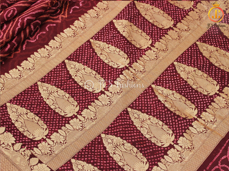 Maroon Pure Khaddi Georgette Rai Bandhej Saree, Silk Mark Certified