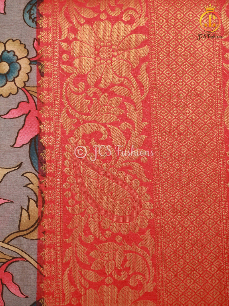 Traditional Kanchi Weaving Border Kalamkari Soft Silk Saree