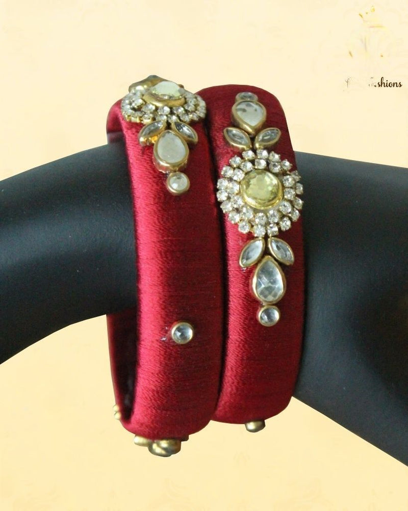 Silk Metal Thread Bangles in Red and Maroon Color