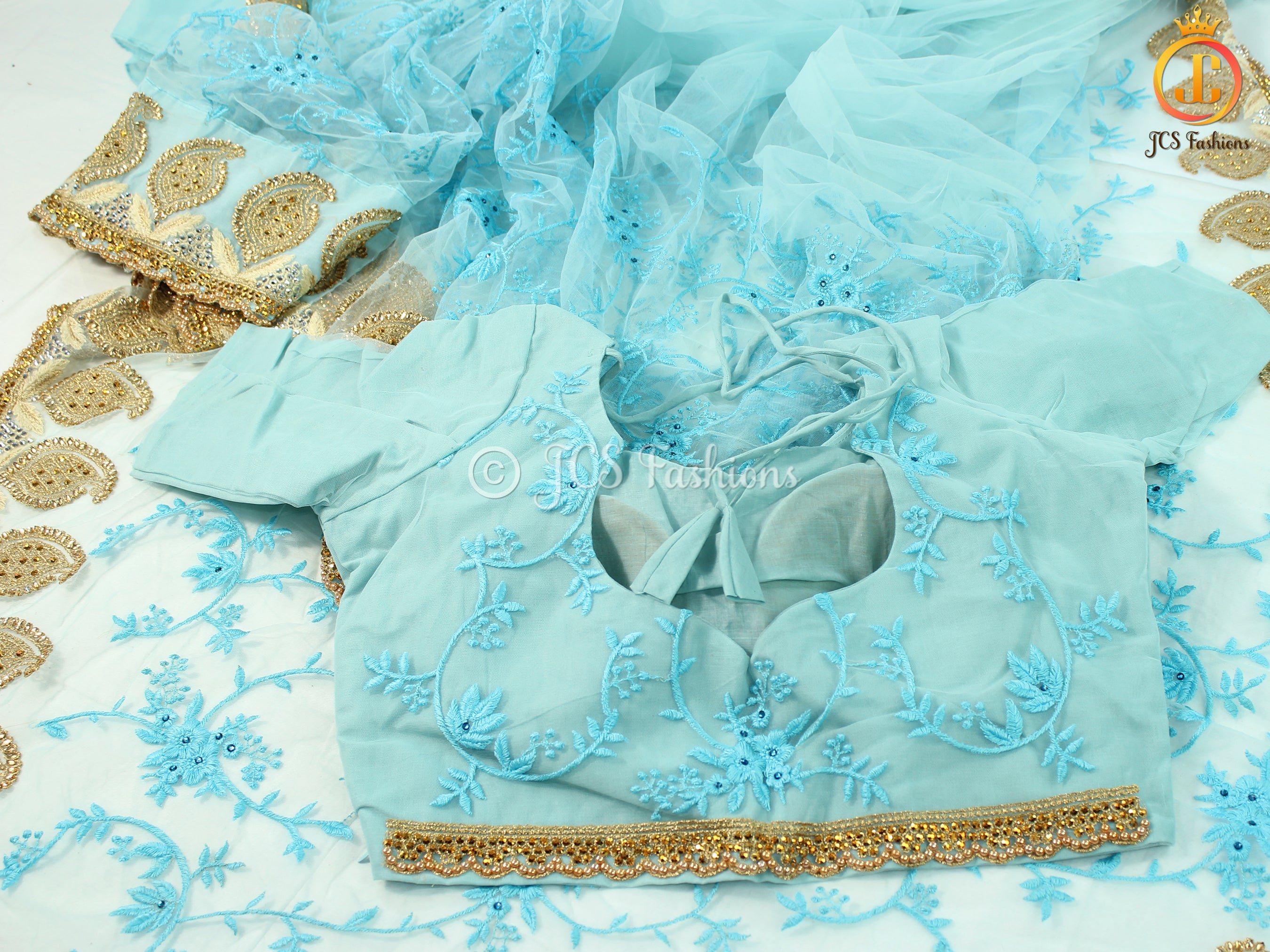 Net Saree with Heavy Handwork Embroidery and Fully Stitched Blouse SAREE JCS Fashions Sea Blue 5.5 meters