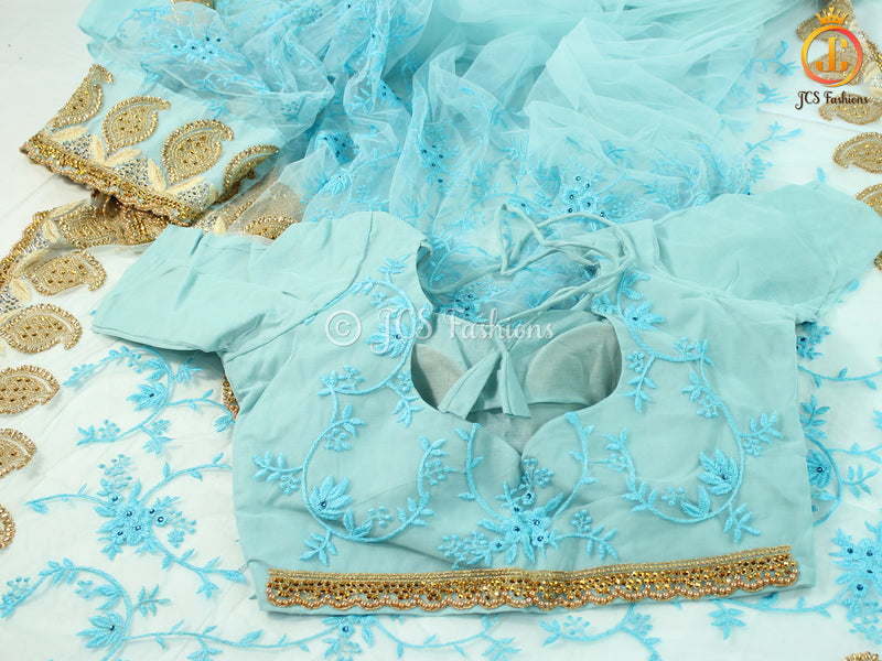 Net Saree with Heavy Handwork Embroidery and Fully Stitched Blouse