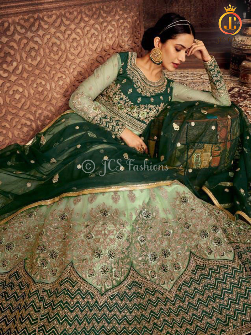 Designer net with embroidery work Floor length Gown | Green