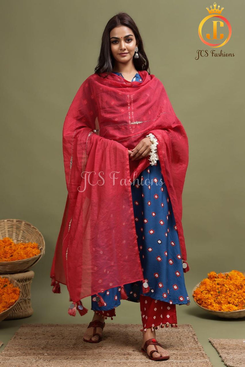 Women's Blue Bandhani Kurta With Mirror Detailing