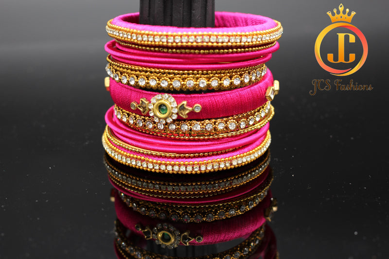 Silk Thread Bangles with Stone Work in Pink Color