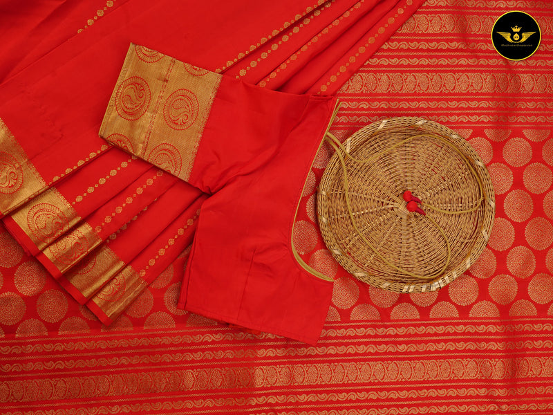 Pure Kanchipuram Saree: Gold and Copper Zari Butties and Fully Stitched Blouse