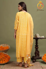 Yellow Bandhini Straight Kurti With Potli Pants and matching Stole