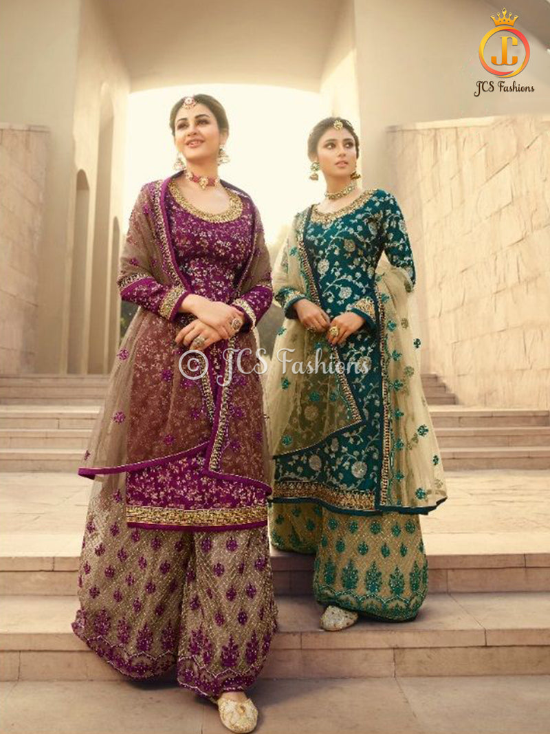 Sharara Suit With Intricate Stone and Embroidery work in Wine
