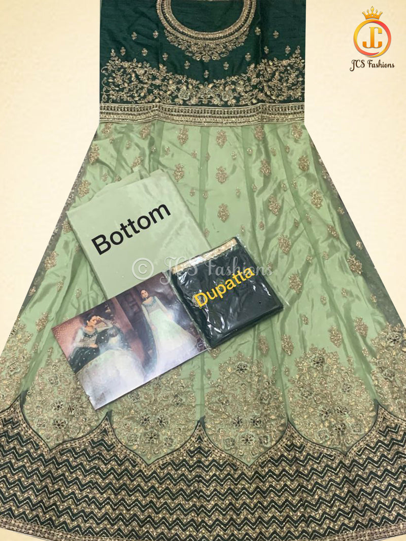 Designer net with embroidery work Floor length Gown | Green