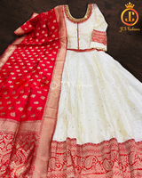 Traditional long gown with banarasi border in Cream and Red KURTI JCS Fashions Cream X-Large (42)