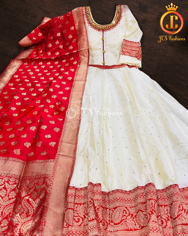 Traditional long gown with banarasi border in Cream and Red KURTI JCS Fashions Cream X-Large (42)