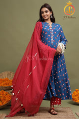 Women's Blue Bandhani Kurta With Mirror Detailing