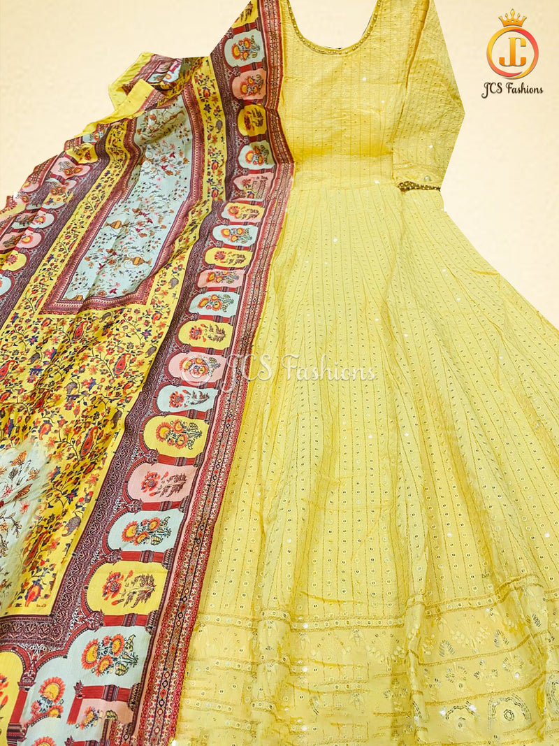 Rich Pastel Color Anarkali Gown With Banarasi Silk Dupatta