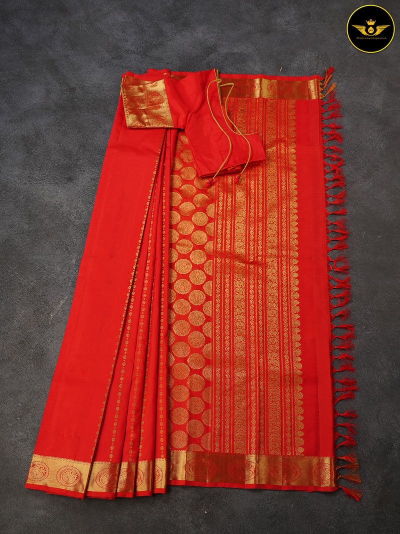 Pure Kanchipuram Saree: Gold and Copper Zari Butties and Fully Stitched Blouse