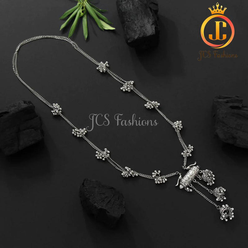 Unique Silver Color Oxidized long chain necklace with bells