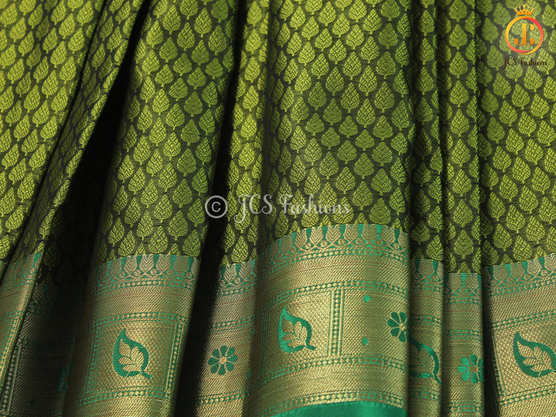 Olive green Kora Muslin Saree with ready to wear designer Blouse