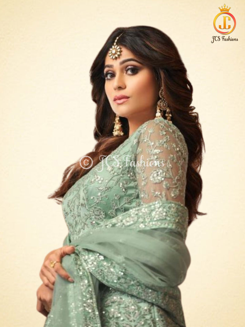 Heavy Embroidery and Sequins work Floor Length Kurti in Green