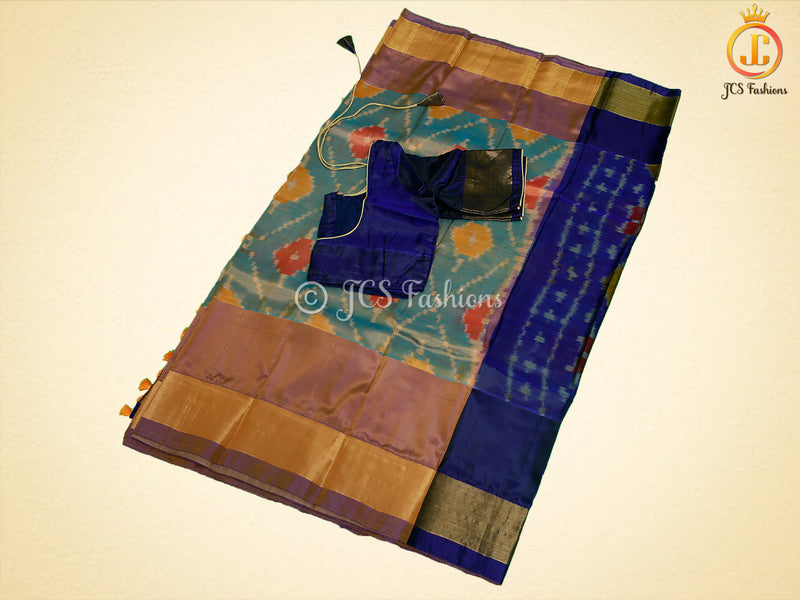 Soft Silk Pattu Saree, All-Over Pochampalli Design, Contrast Color Blouse