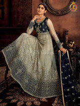 Designer Floor Length Gown in Blue and Grey
